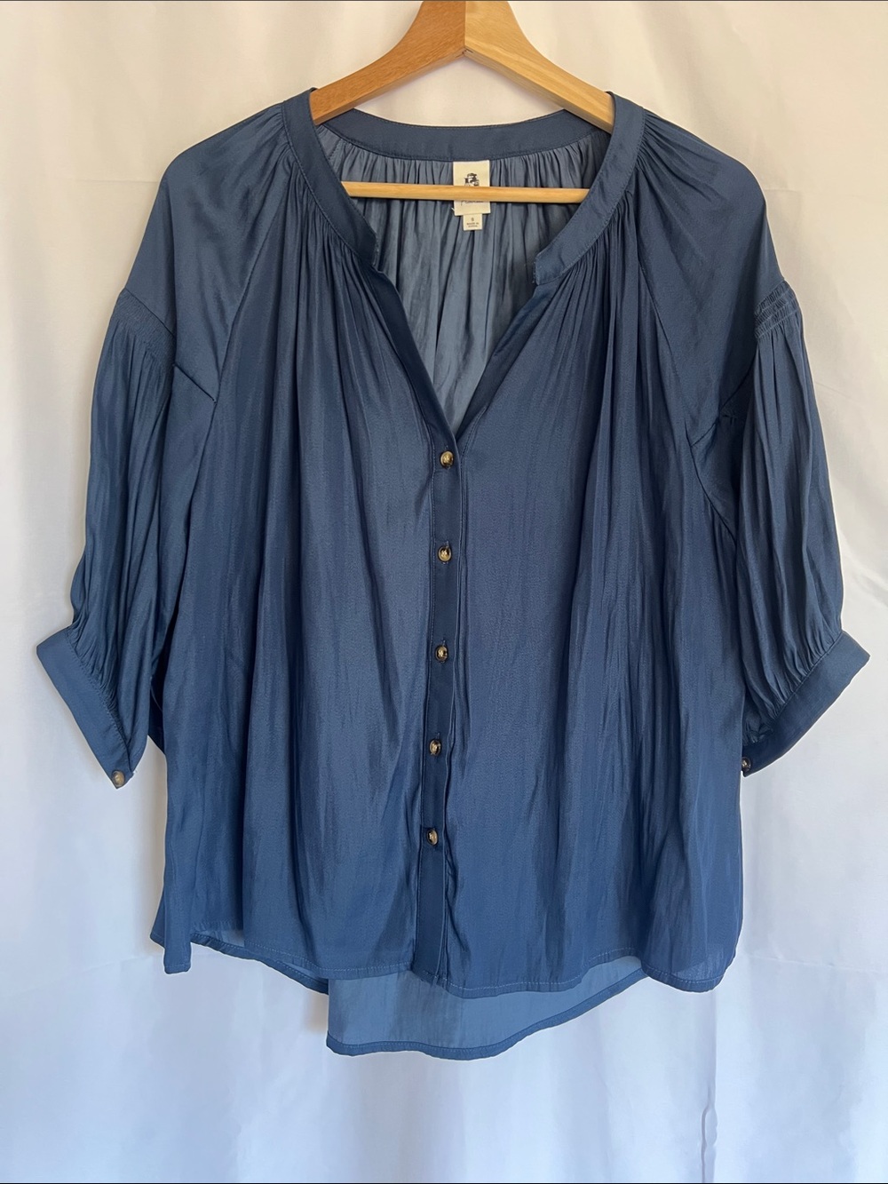 Relaxed Slate Blue Button-Down Peasant Shirt